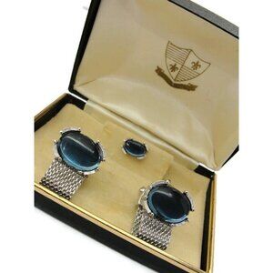 Mesh Cufflinks Tie Tack Set Silver Tone Blue Stone Wedding Accessories Vintage